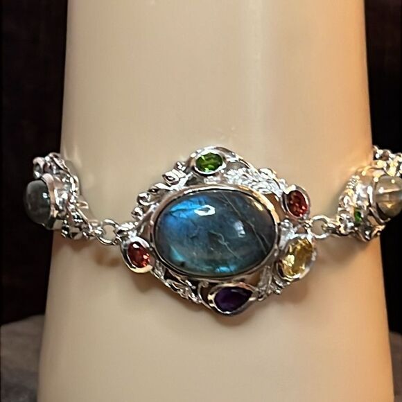 Karis Malagasy Labradorite Multi Gemstone Clelestial Garden Bracelet, Platinum - Picture 7 of 17